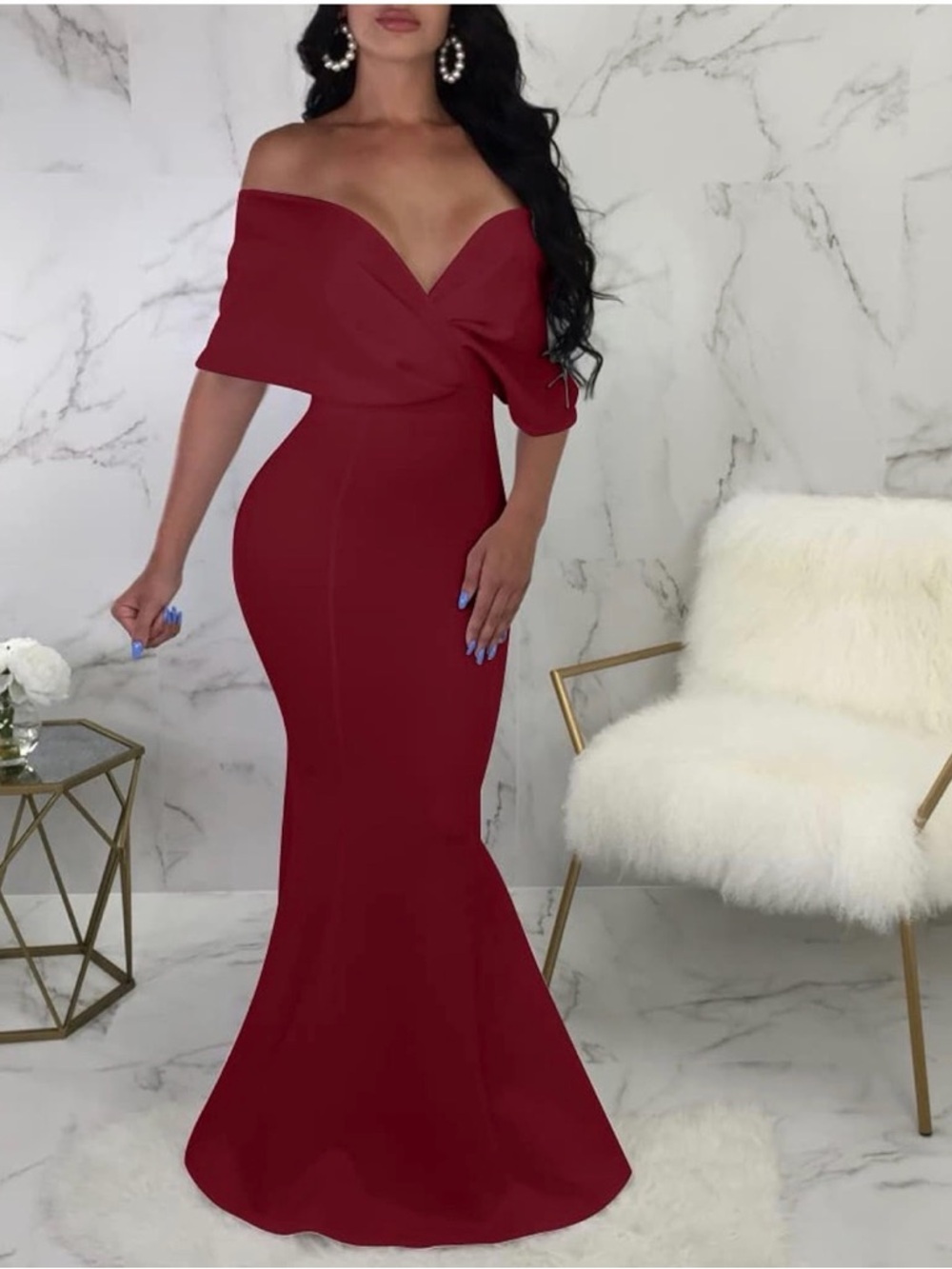 Off-Shoulder Burgundy Mermaid Evening Dress